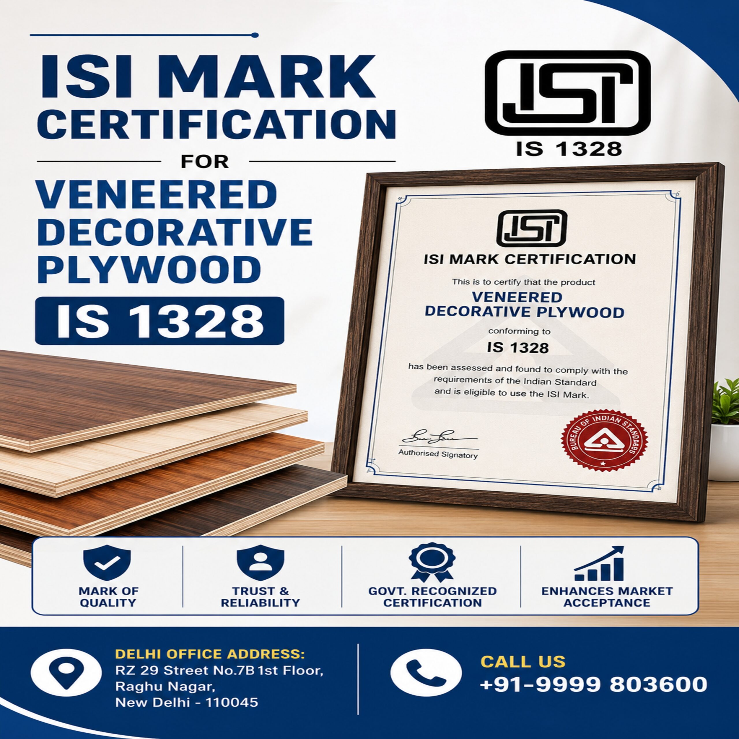 ISI Mark Certification for Veneered Decorative Plywood IS 1328